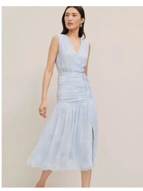 NWT ANN TAYLOR BLUE WHITE FLORAL RUCHED TIE MIDI DRESS SZ 6